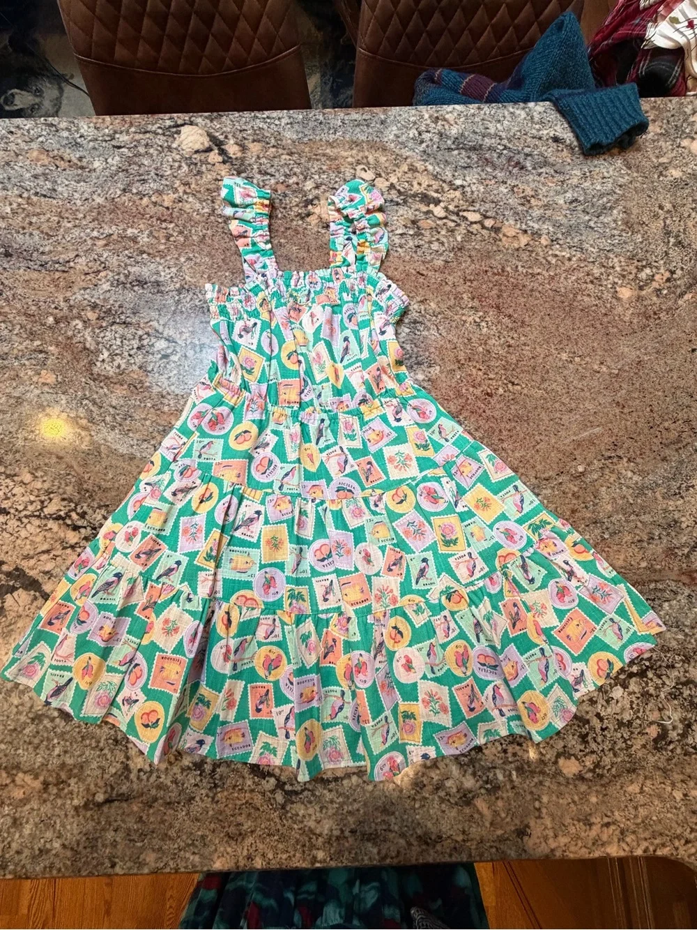 Copper Key Mint Green Tiered Dress with Multicolor Birds Stamp Print